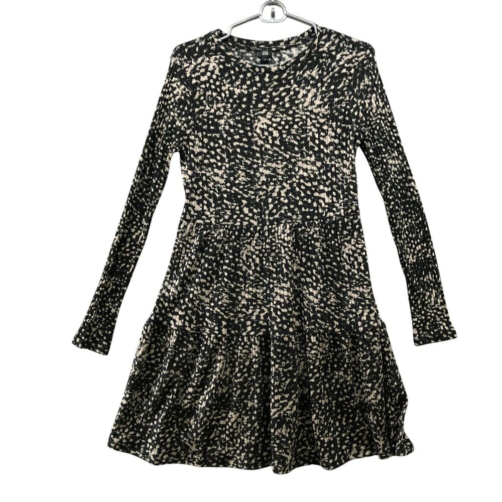 River Island Knit Long Sleeve Dress Size 8 Ribbed Tiered‎ Leopard Print Black